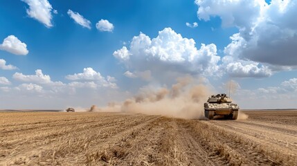 Fototapeta premium Armored Tank Charging Through Dusty Desert Landscape on Military