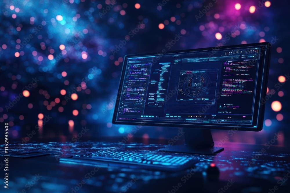 Poster a futuristic remote workstation on a spaceship, glowing galactic background, ultrahightech interface