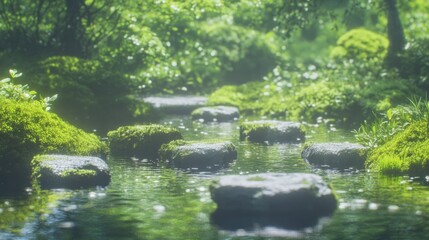 Naklejka premium Serene Stepping Stones Path Across Mossy Creek in Lush Green Forest