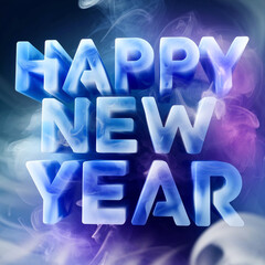 A vivid 3D rendition of the word happy new year made from swirling multicolored smoke
