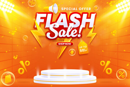Realistic flash sale banner design template with podium isolated on abstract background