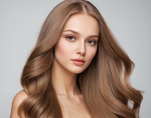 Naklejka premium Portrait of a beautiful young woman with clean, fresh skin and long, thick hair. ai generator