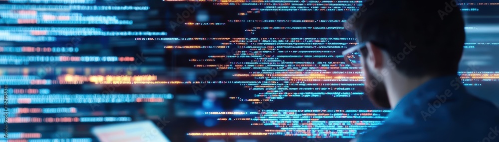 Poster A gifted programmer working among lines of glowing code, the illuminated screen displaying a virtual world of beauty and depth
