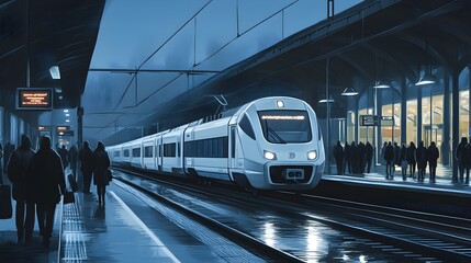 Train arrival at nighttime station urban transport scene digital art moody atmosphere
