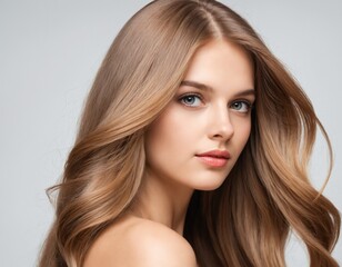 Naklejka premium Portrait of a beautiful young woman with clean, fresh skin and long, thick hair. ai generator