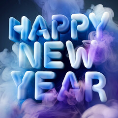A vivid 3D rendition of the word happy new year made from swirling multicolored smoke
