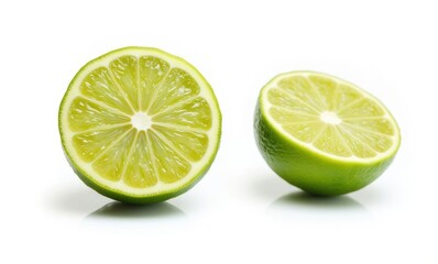 Fresh green lime halves on white background