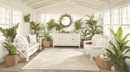 Serene Sunroom Oasis White Furniture, Lush Greenery, Natural Light