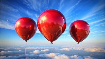 Fototapeta premium Aerial View of Three 3D Red Balloons Floating - High-Resolution Stock Photo