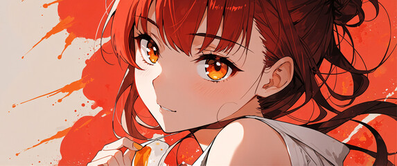 A girl with bright red hair, glowing amber eyes, and a warm smile, set against a dynamic red and white splatter background