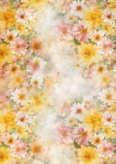 A vibrant floral pattern featuring a blend of yellow, pink, and white flowers, creating a soft and dreamy background.