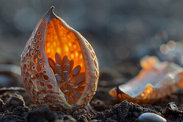 Interior of a dry seed pod showing the seeds inside.