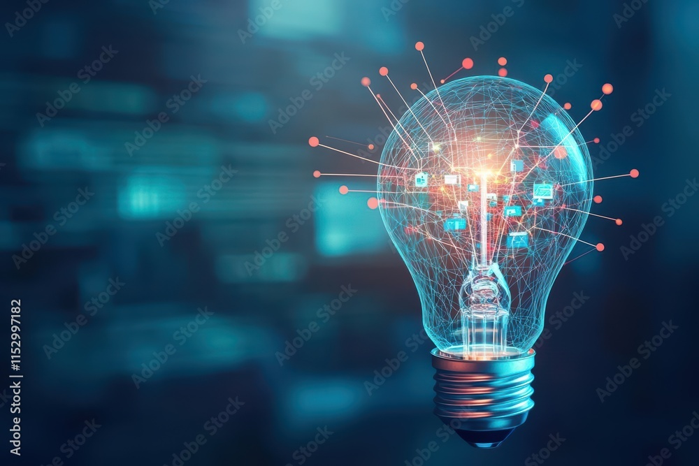 Poster a light bulb with a miniature office inside, surrounded by glowing lines connecting it to people wor