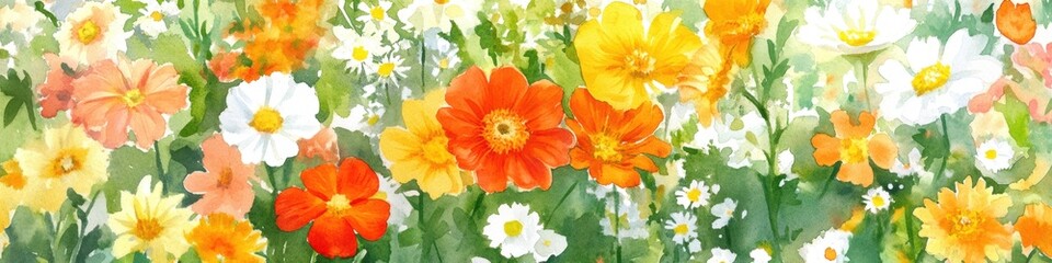 A vibrant watercolor painting of colorful flowers, featuring shades of orange, yellow, and white, set against a lush green backdrop.