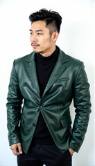 Fototapeta premium Creative Asian man in metallic green blazer with black turtleneck on white background