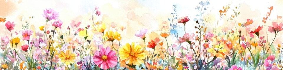 A vibrant array of colorful flowers in a field, showcasing a blend of various blooms and a soft, dreamy background.
