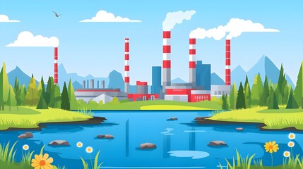 Fototapeta premium Industrial pollution impact on nature factory landscape digital illustration outdoor view environmental awareness