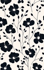 Fototapeta premium A pattern featuring bold black flowers and delicate leaves on a soft, cream background, creating a stylish botanical design.