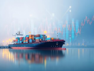 Obraz premium A massive cargo ship at port with stock market graphs rising in the misty background, early morning light, soft focus