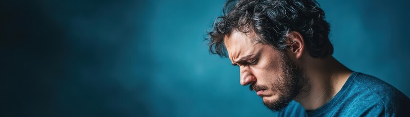 Fototapeta premium A man furrowing his brows in deep concentration, harsh side lighting, slightly tilted head, intense focus, dramatic closeup