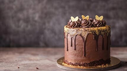 Doublelayered chocolate cake with edible gold accents, an elegant and rich dessert choice