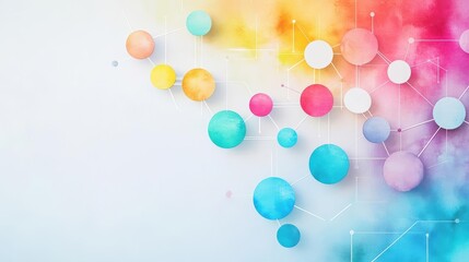 A modern corporate watercolor scene with a whiteboard showcasing interconnected process flows in vivid colors