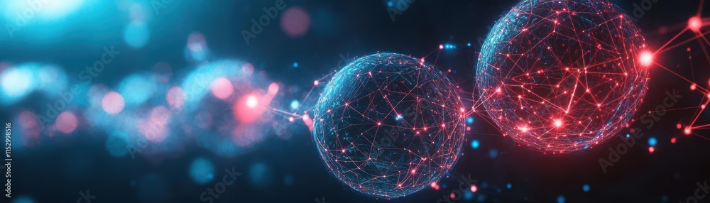 Poster A network of interconnected spheres glowing with energy, representing global data flow, digital art style, high contrast, cool color palette