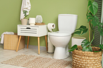 Toilet bowl, bedside table and houseplant in restroom