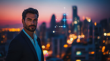 Fototapeta premium Abstract businessman stands on the peak of success Smart digital city with connection cyber security network reciprocity over the cityscape future wireless digital city and social media networking