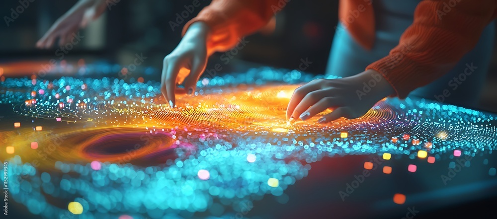 Poster hands interacting with a luminous data visualization interface