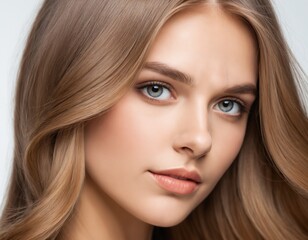 Obraz premium Portrait of a beautiful young woman with clean, fresh skin and long, thick hair. ai generator