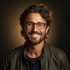 Fototapeta premium Portrait of a handsome young man in leather jacket and glasses
