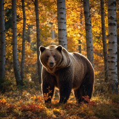 A majestic brown bear stands in a vibrant autumn forest, surrounded by trees adorned with orange, red, and yellow leaves. Sunlight filters through the branches, casting dappled shadows on the ground.
