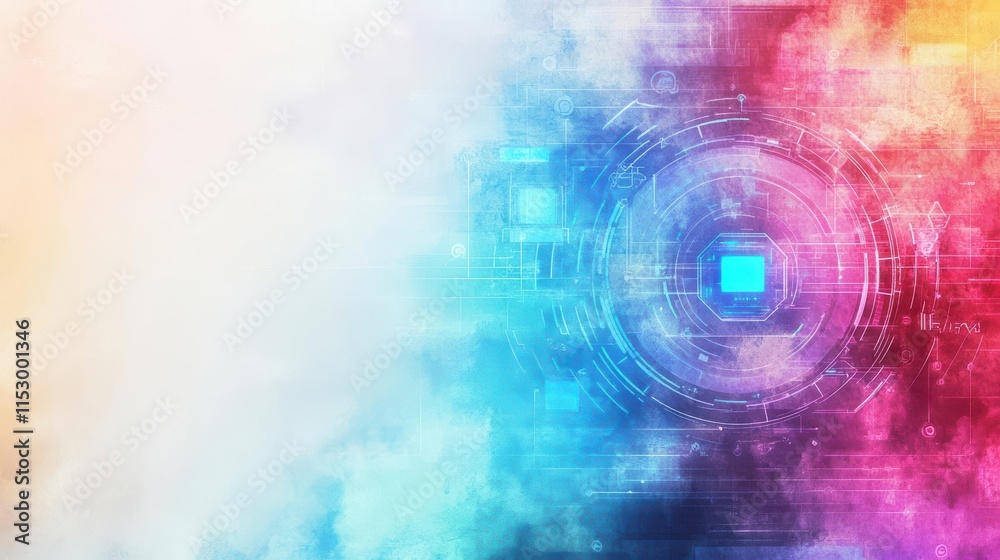 Aufkleber A vibrant technologythemed watercolor with AI chatbots visible through circular touchsensitive portals,