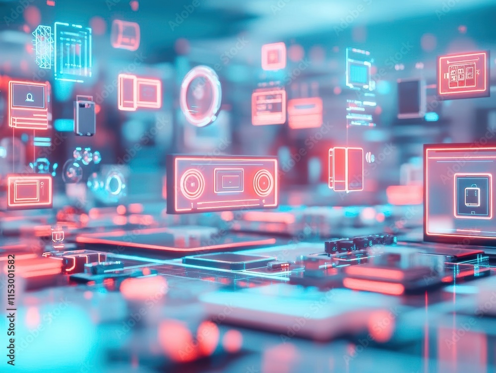 Poster a virtual electronics store with floating gadgets, ai assistants helping customers, glowing product 