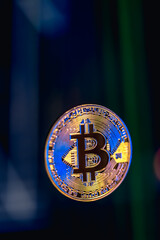 Bitcoin gold coin. Stock market trading chart background online candle.