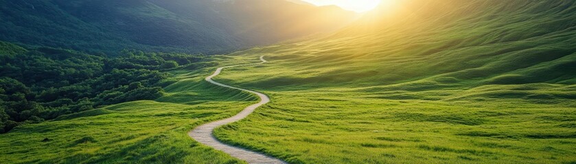 Obraz premium A winding path through a lush green valley with golden sunlight at the end, symbolizing progress and patience