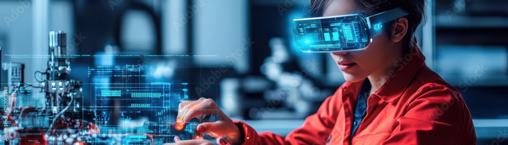 Leinwandbilder A worker using augmented reality glasses to interact with virtual tools, glowing data overlays, sleek modern environment, hightech aesthetics