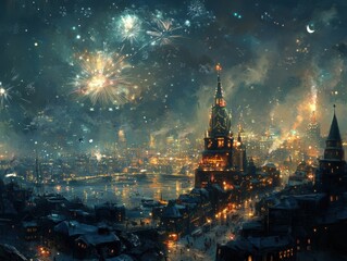 Festive Nighttime Cityscape with Fireworks Display