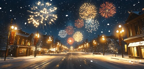 A,quiet,city,street,on,New,Yeara??s,Eve,,glowing,streetlights,,snowflakes,drifting,,bright,fireworks,lighting,up,sky.,