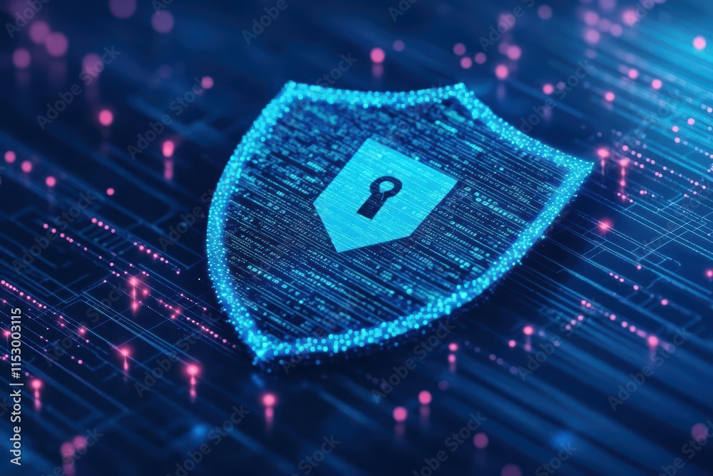 Poster abstract illustration of a digital shield protecting a user s personal data, symbolizing cybersecuri