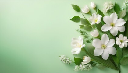 Fototapeta premium 春の花のブーケが左右に配されたライトグリーンとホワイトのグラデーションキャンバス背景、中央の空白が全体に清潔感と広がりを与えるシンプルでエレガントなデザイン 