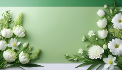 ライトグリーンとホワイトのグラデーション背景に春の花のブーケが左右に並び、中央の空白部分が落ち着きと清潔感を感じさせるシンプルなデザイン
