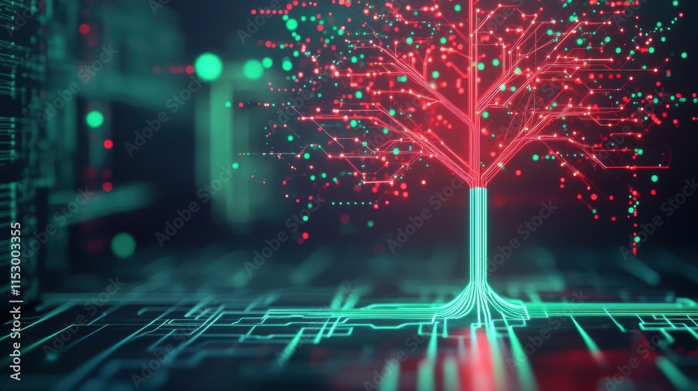 Poster abstract tree of light with geometric patterns and ledlike branches, radiating shine, cyberpunk holi