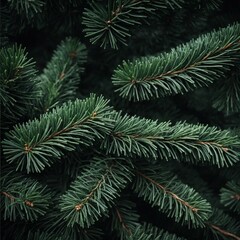 Dense green pine foliage texture, dark moody fir tree branches background. 
