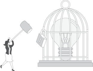 Open cage with idea bulb Businesswoman