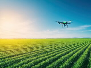 An agricultural field monitored by drones and autonomous farming equipment
