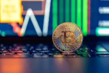 Golden Bitcoin coin on keyboard. Stock market trading chart online candlestick.