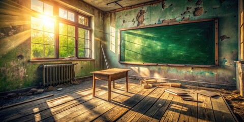 Obraz premium Green chalkboard, weathered wood desk; an abandoned classroom's forgotten history, captured.