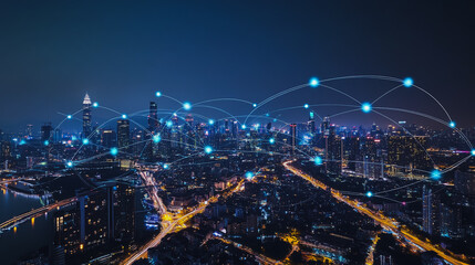 Smart digital city with connection cyber security network reciprocity over the cityscape . future smart wireless digital city and social media networking systems that connects people within the city